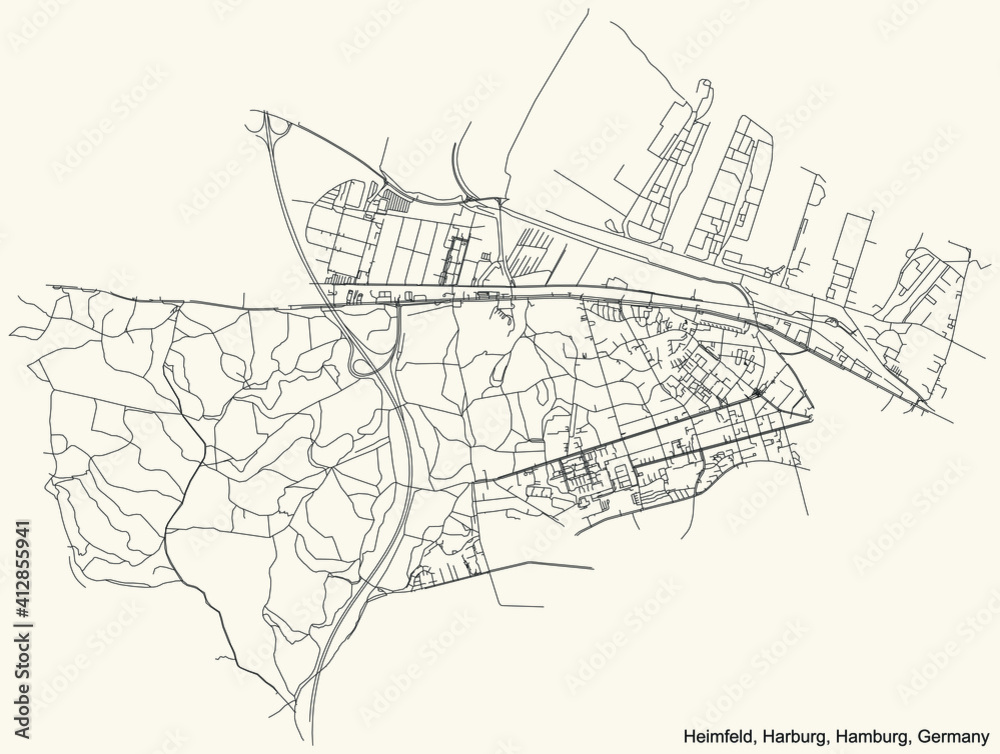 Black simple detailed street roads map on vintage beige background of the neighbourhood Heimfeld quarter of the Harburg borough (bezirk) of the Free and Hanseatic City of Hamburg, Germany