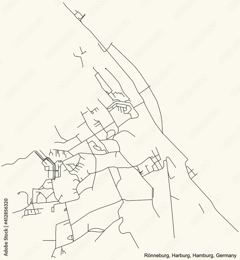 Fototapeta premium Black simple detailed street roads map on vintage beige background of the neighbourhood Rönneburg quarter of the Harburg borough (bezirk) of the Free and Hanseatic City of Hamburg, Germany