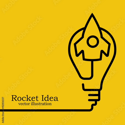Landing page rocket Idea. Start page for a startup, template space for text. Modern design black line. Creative idea of starting a business. Vector flat illustration. Isolated on yellow background.