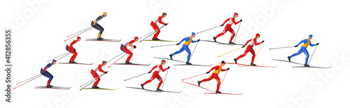 Skiers in sportswear are skiing classic style. Athletes participate in winter sports competition. The leader of pelothon tries to win a sprint race.Vector flat design web banner illustration