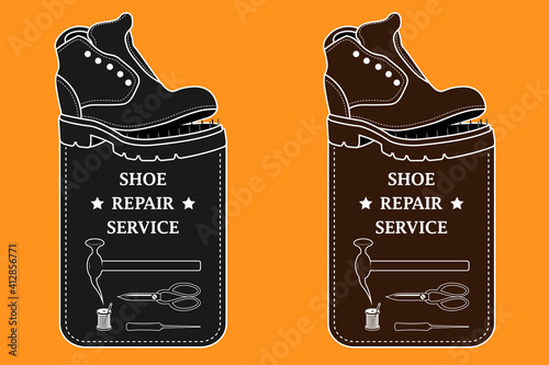 Shoe repair service. Vector image of logo. Trendy concept in old retro style