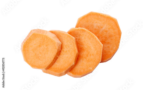 Fresh sweet potatoes on white background