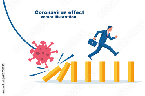 Virus effect concept. Coronavirus bacteria is pushing a piece of dominoes. Businessman runs away from falling effect. Human running forward. Vector illustration flat design.