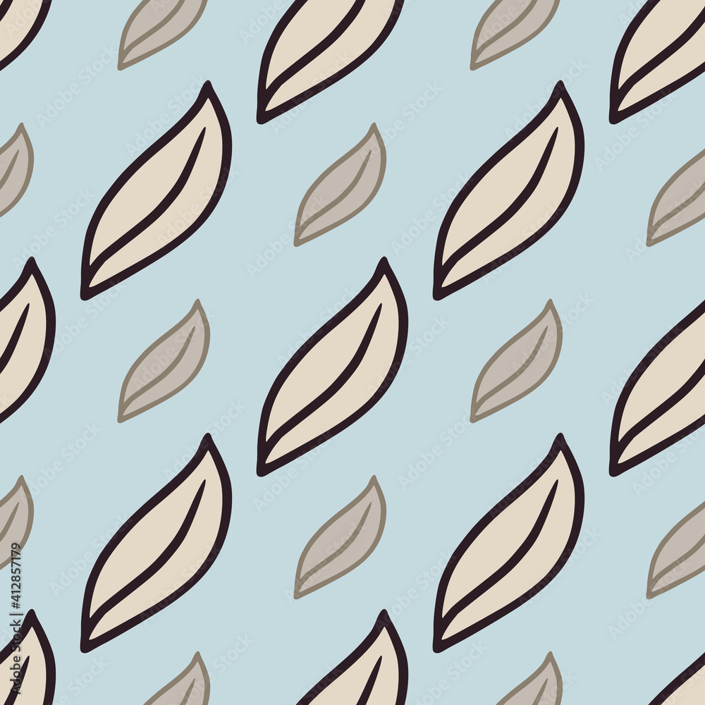 Hand drawn abstract seamless nature pattern in blue and beige tones with simple doodle leaf shapes print.