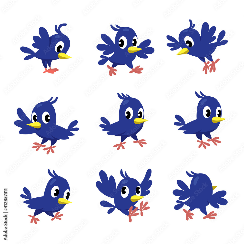 Funny blue bird cartoon set. Illustration for kids