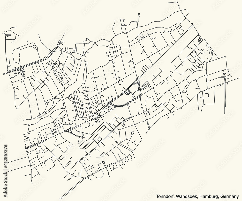 Black simple detailed street roads map on vintage beige background of the neighbourhood Tonndorf quarter of the Wandsbek borough (bezirk) of the Free and Hanseatic City of Hamburg, Germany