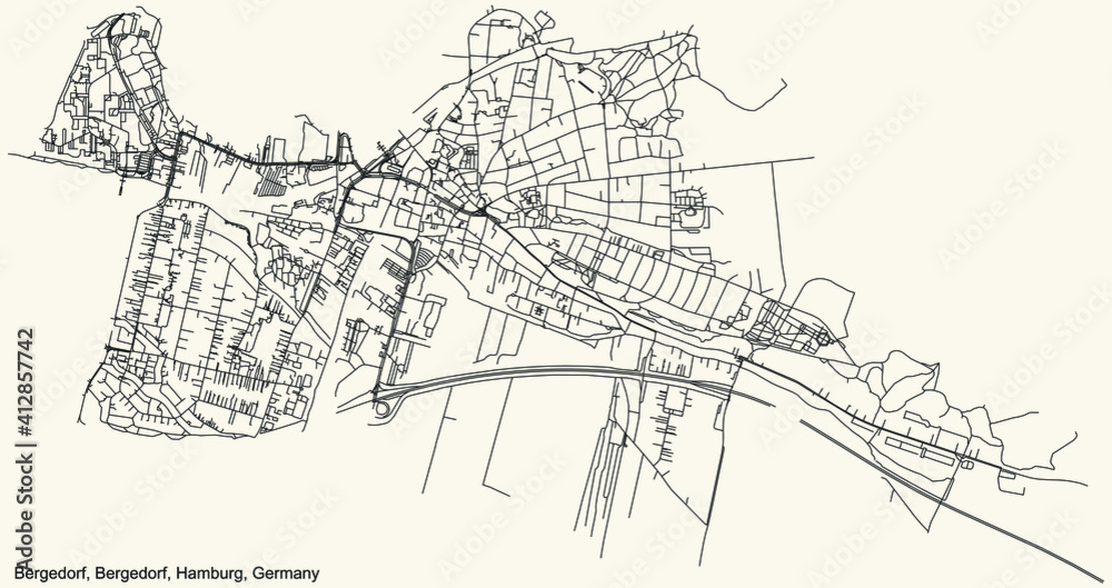 Naklejka premium Black simple detailed street roads map on vintage beige background of the neighbourhood Bergedorf quarter of the Bergedorf borough (bezirk) of the Free and Hanseatic City of Hamburg, Germany