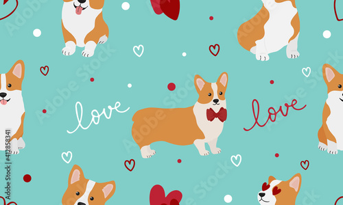 Seamless pattern with corgis and hearts. Background for wrapping paper, greeting cards and seasonal design. Happy Valentine's Day.