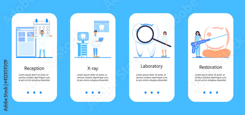 Dental services vector concept for app, social stories. Tiny dentists make x-ray scan of teeth. Whiten enamel or recovery implant concept.