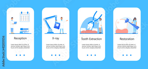 Dental services vector concept for app, social stories. Tiny dentists make x-ray scan of teeth. Whiten enamel or recovery implant concept.