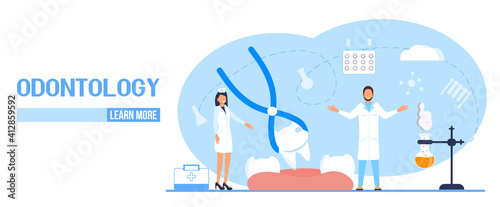 Dental services vector concept for landing page. Dentists make x-ray scan of teeth to help toothache, to whiten enamel or recovery implant.