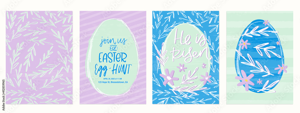 Lilac and mint Easter egg background, greeting card and brunch invitation set with oval frames. Leaf pattern vector design set for christian spring holiday.