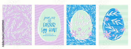 Lilac and mint Easter egg background, greeting card and brunch invitation set with oval frames. Leaf pattern vector design set for christian spring holiday. © Letters Patterns etc