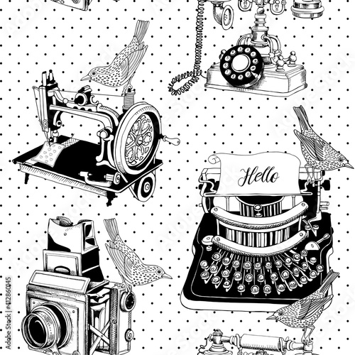 Seamless pattern with image of a Vintage Camera, Telephone, Typewriter, Sewing machine and a birds on a polka dot background. Vector black and white illustration.