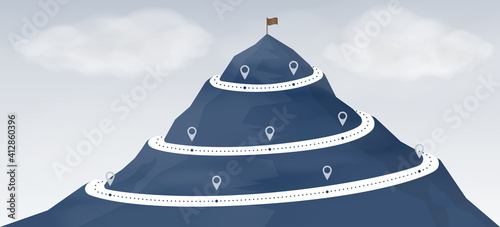 Single mountain peak with cloud and flag. Route climbing to the top of mountain.