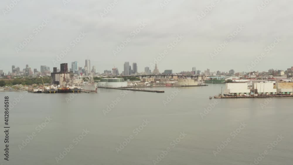 Aerial pov of New York City port entrance with transport logistics infrastructure at the port entrance