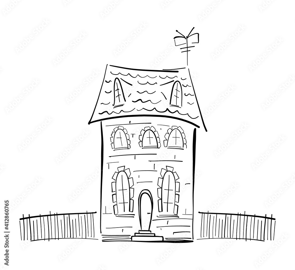 Hand drawn doodle house on white background. Sketch line design.
