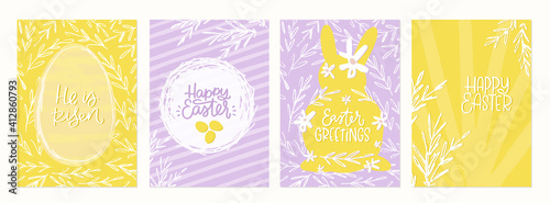 Easter greeting card set for baby or kid with egg and rabbit hand drawn silhouettes. Christian holiday postcard in yellow, soft purple and lilac candy colours.
