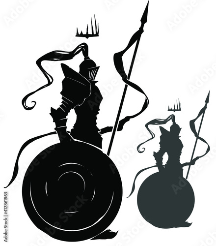 A black silhouette of a knight with a long spear on which a flag is fixed, he leans on a huge shield, a spiked crown flies over his head . 2d illustration.
