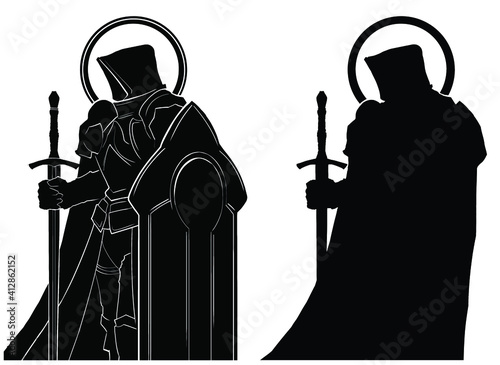 A black silhouette of a hooded knight with a huge shield and sword, wearing heavy armor and a round halo around his head. 2d illustration.