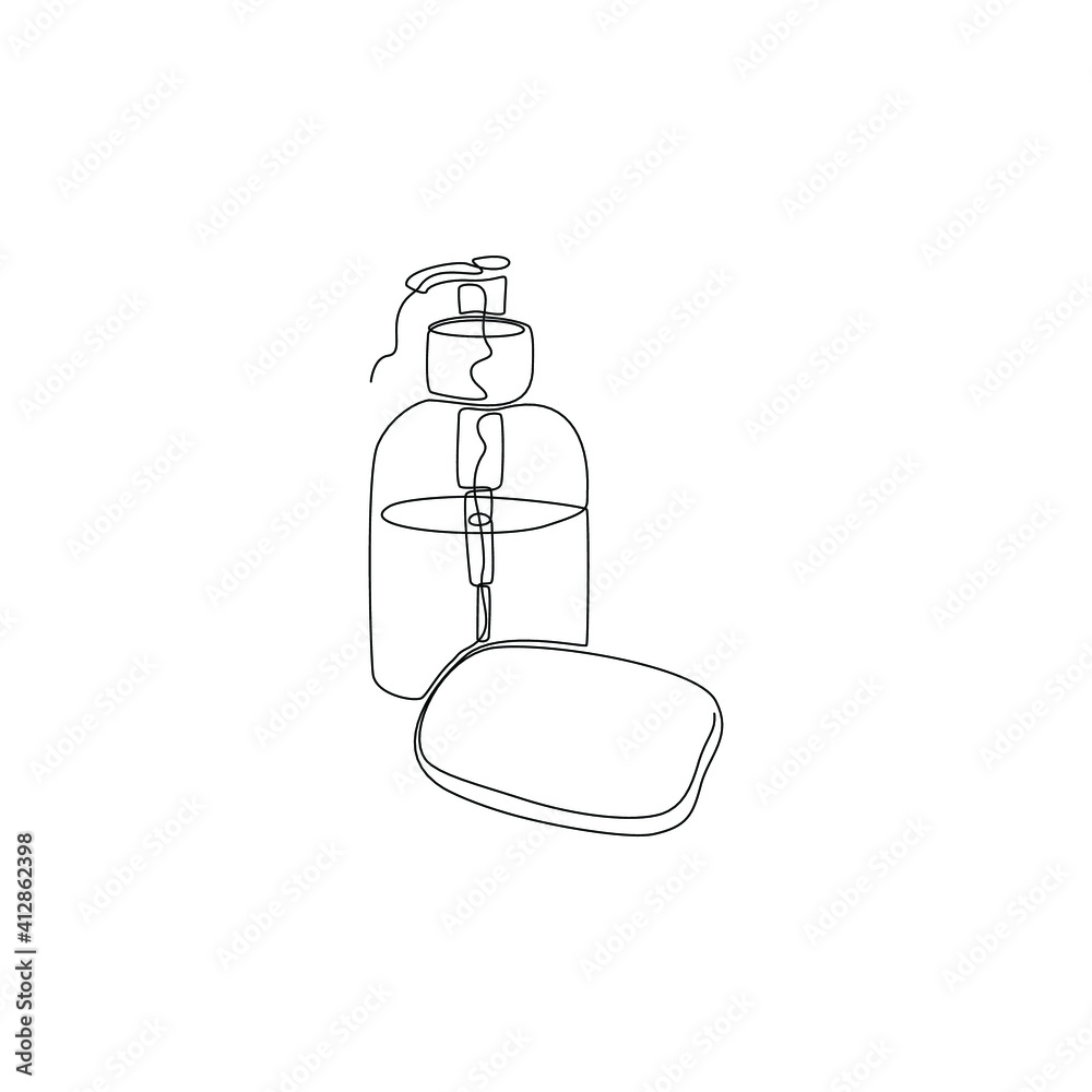 Continuous line drawing of soap bar and dispenser with liquid detergent
