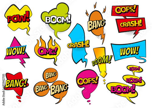 Comic colored hand drawn speech bubbles. Set retro cartoon stickers. Funny design items illustration. Comic text WOW, boom, bang collection sound effects in pop art style