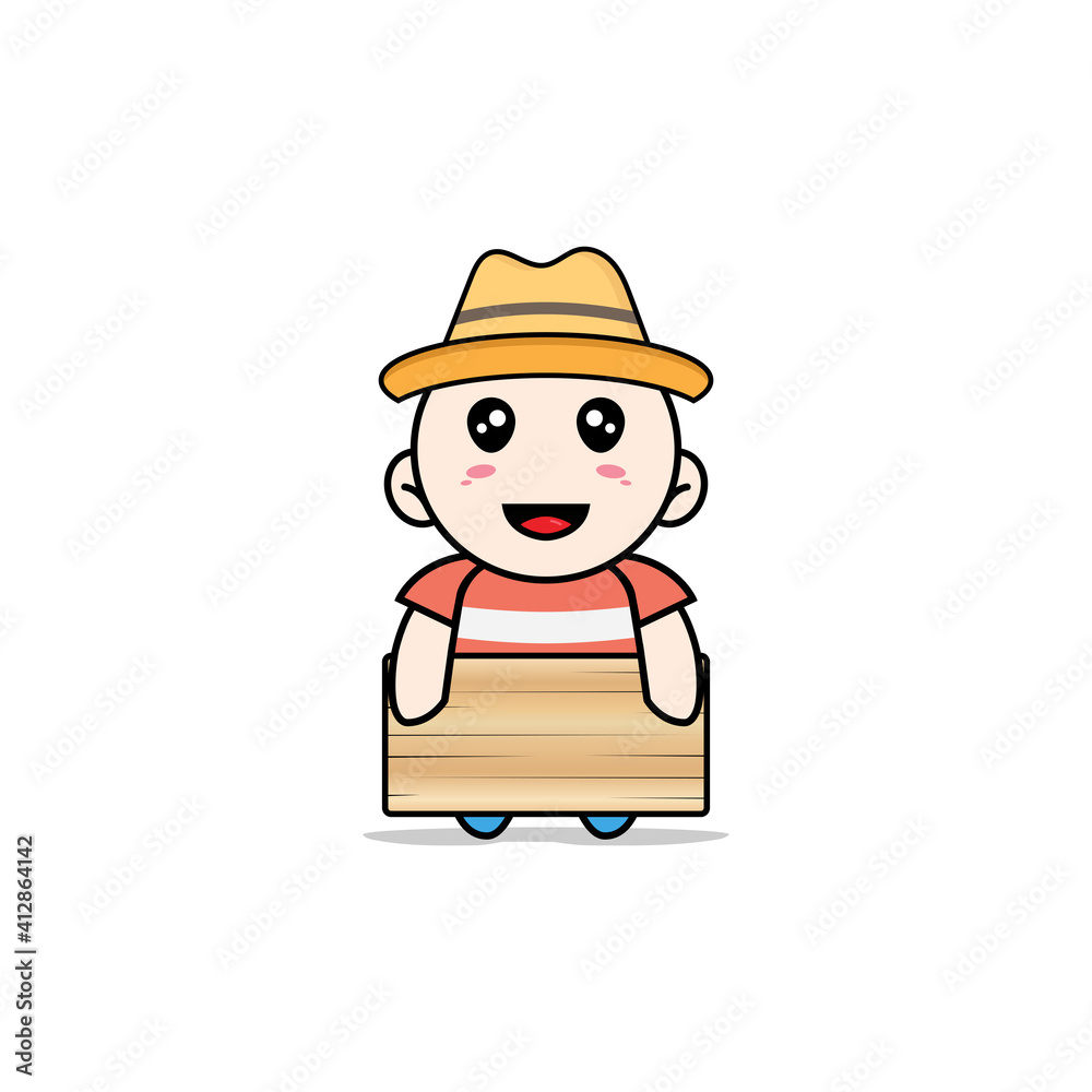 Cute boy character holding a wooden board.