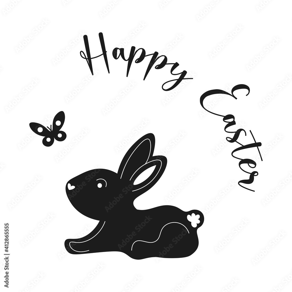 Obraz premium Easter black and white bunny silhouette. Happy Easter. Cute spring bunny with butterfly and text. Black and white Easter bunny isolated on white background. 