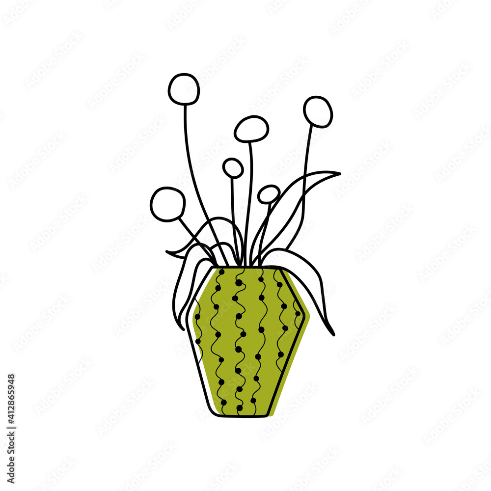 The cute green vase with bouquet. Decorative bouquet whith Craspedia. Vector doodle vase whith flowers. The cute green vase with bouquet. Decorative bouquet whith Craspedia. Vector doodle vase whith flowers.