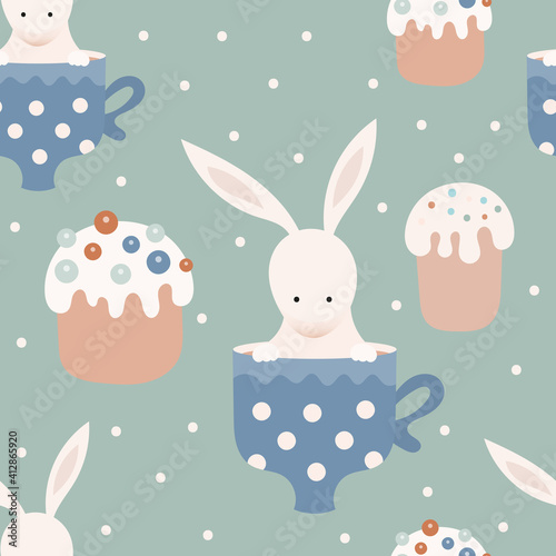 Happy Easter pattern for retro design of wrapping paper – Easter bunny in cup and cake. Seamless vector illustration for packaging. Pattern is cut, no clipping mask.