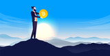 Bitcoin at new heights - Man holding coin on mountain top with sunrise in background. Crypto currency investing concept. Vector illustration.