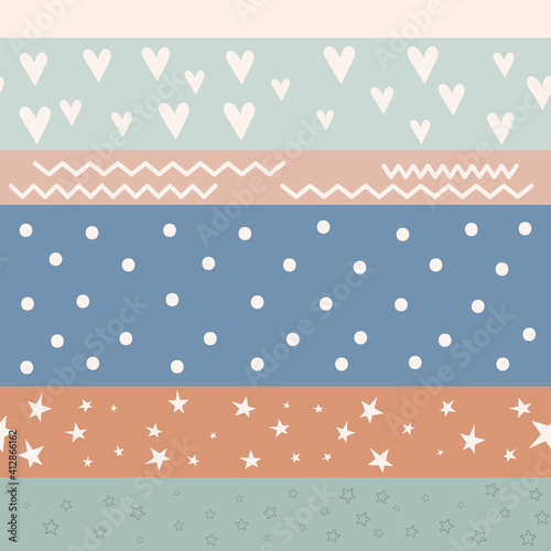 Retro pattern for vintage design of wrapping paper – hearts, circles and stars on striped background. Seamless vector illustration for packaging. Pattern is cut, no clipping mask.