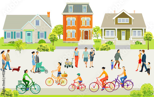 Vorort mit Fußgänger und Familien auf den Bürgersteig Illustration photo