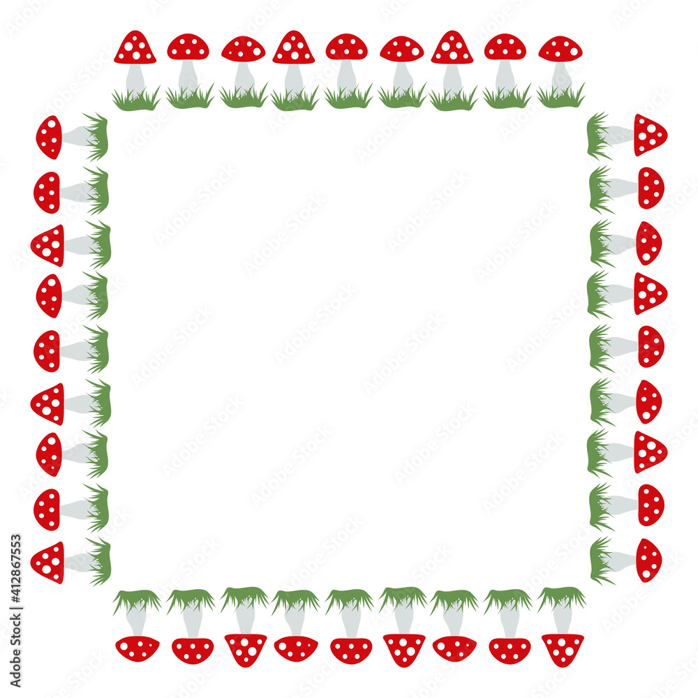 Square frame with amanita muscaria on white background. Vector image. Square frame with amanita muscaria on white background. Vector image.