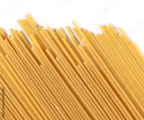 Raw integral spaghetti pile isolated on white background, top view
