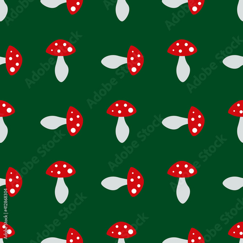 Seamless pattern with amanita muscaria on dark green background. Vector image.