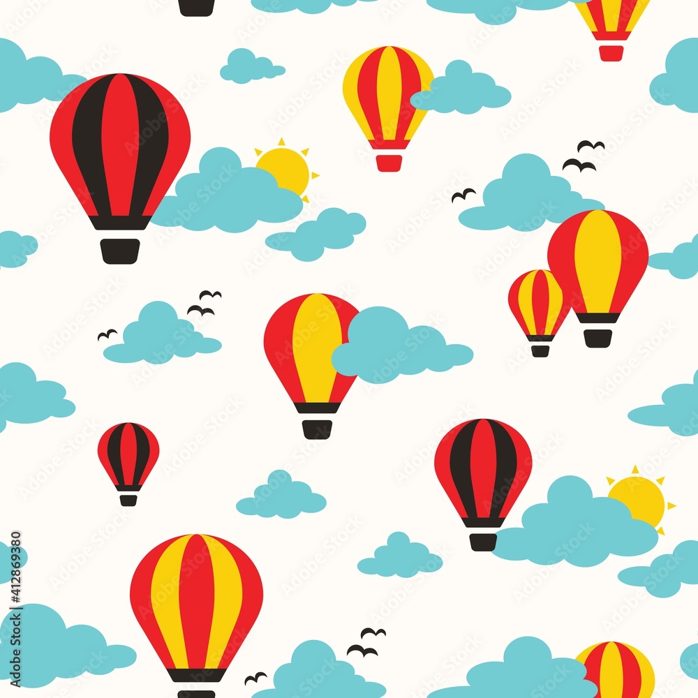 Vector Hot Air Balloons Fly in White Sky Seamless Pattern