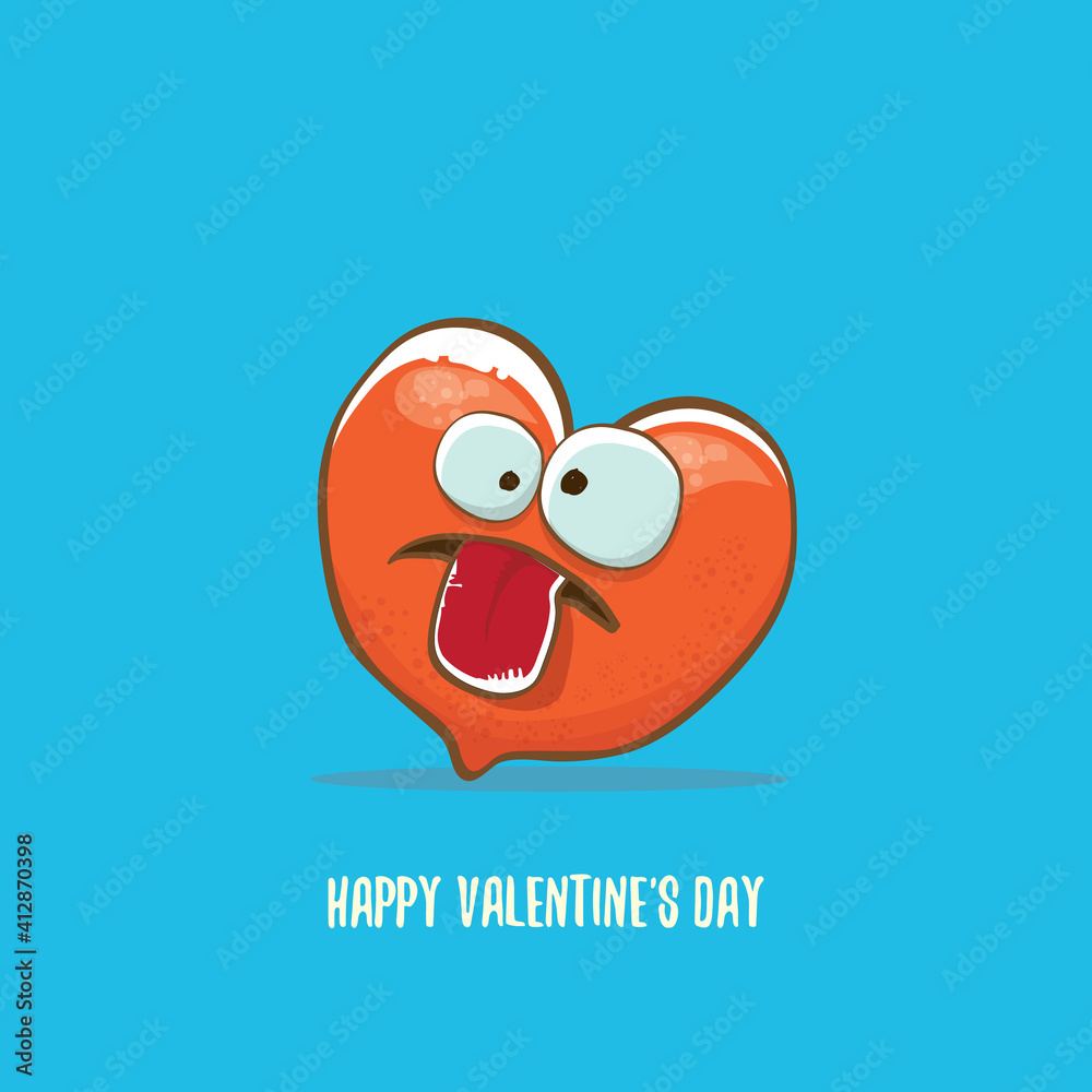 Vector Valentines day greeting card with funny cartoon heart character isolated on blue background. Conceptual valentines day comic funky kids poster or banner Vector Valentines day greeting card with funny cartoon heart character isolated on blue background. Conceptual valentines day comic funky kids poster or banner