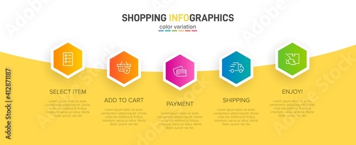Concept of shopping process with 5 successive steps. Five colorful graphic elements. Timeline design for brochure, presentation, web site. Infographic design layout.