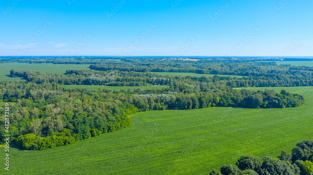  Beautiful summer landscape of a green valley. Aerial drone view over spring plain landscape.