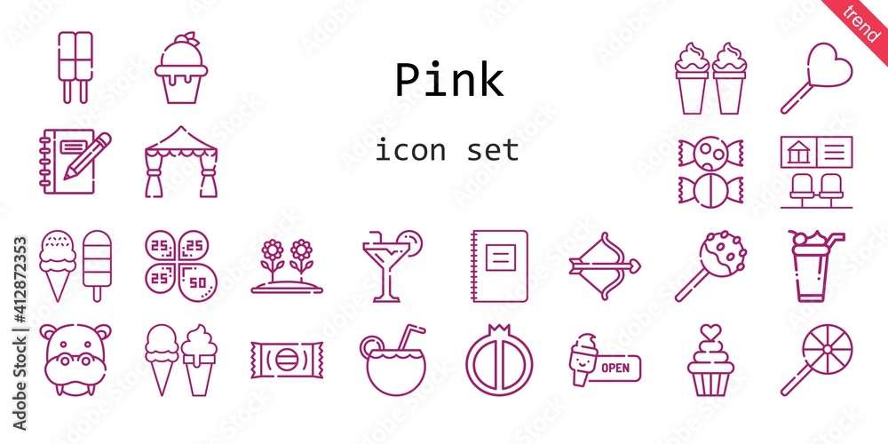 pink icon set. line icon style. pink related icons such as lollipop, petals, cake pop, flower, cupid, hippopotamus, bank, ice cream, wedding arch, cocktail, watermelon, sweet, cupcake, notebook,