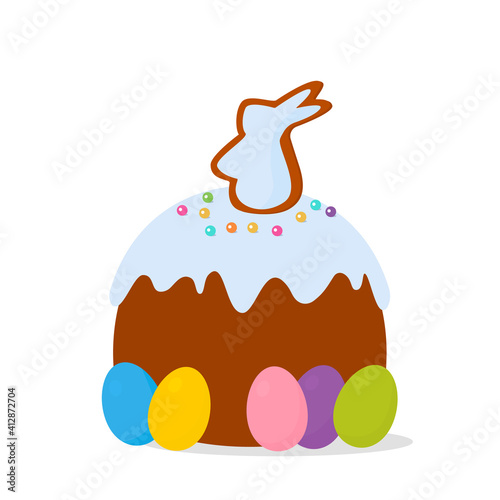Easter cake in sweet glaze with Easter bunny with ears. happy easter concept.