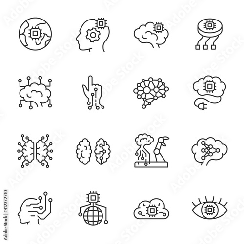 Artificial Intelligence linear icon set. The icons on the theme of Neurotechnology, brain–computer interface. Line with editable stroke