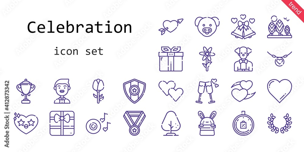 celebration icon set. line icon style. celebration related icons such as laurel, gift, groom, limited time, tree, necklace, wedding bells, heart, pig, flower, cupid, romantic 