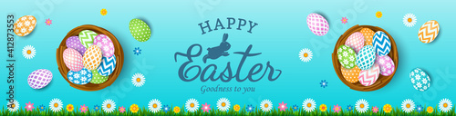 happy easter greeting card with easter bunny and set of eggs with ornament.