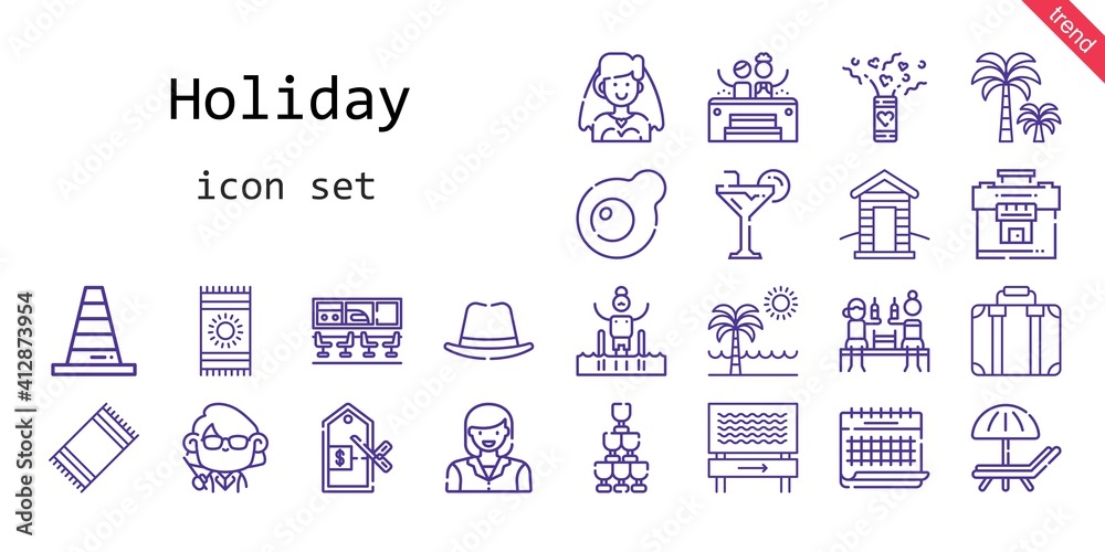holiday icon set. line icon style. holiday related icons such as bride, calendar, confetti, suitcase, woman, beach towel, jacuzzi, egg, pool, cabin, cone, airport, palm tree, teacher, sunbed