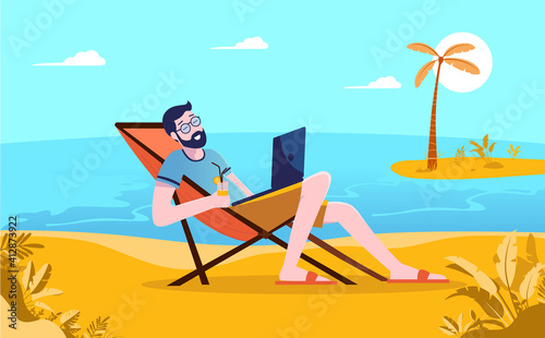 Workation - Man taking his work on vacation and working remotely from tropical beach. Alternative to working from home concept. Vector illustration.
