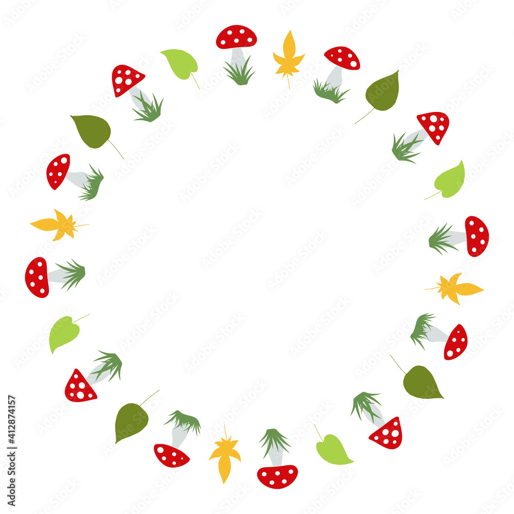 Round frame with amanita muscaria and autumn leaves on white background. Vector image. Round frame with amanita muscaria and autumn leaves on white background. Vector image.