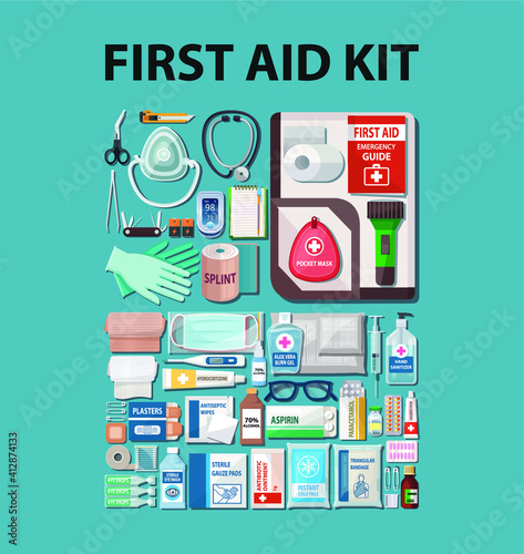 First aid kit box with medical equipment and medications for emergency vector illustrator.