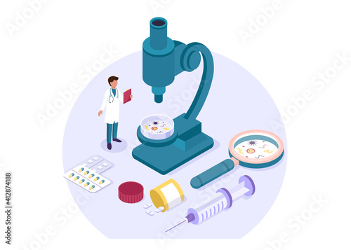 Isometric scientific laboratory experiment research chemical pharmaceutical concept. Scientists, laboratory, research, science